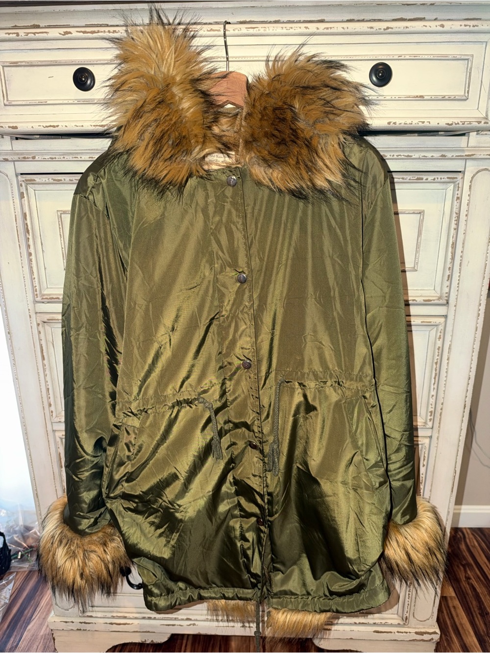 Olive Green Y2K Faux Fur-Trim Parka Jacket